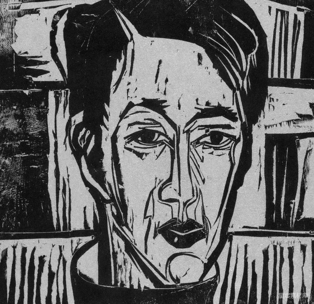 高清摄影 木刻版画 人物肖像 沉思 黑白艺术 复古风格 木刻版画中的沉思者