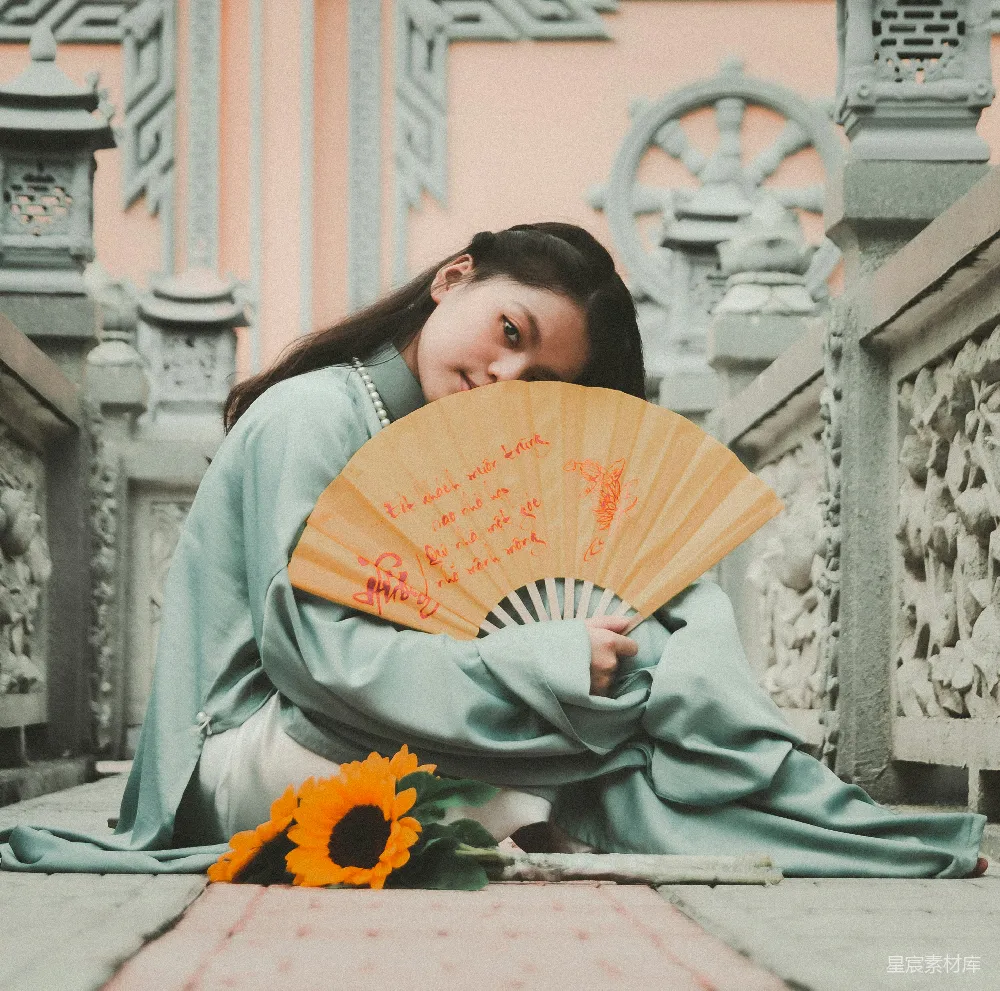 高清摄影 古典 扇子 向日葵 传统服饰 文化 古典风情：扇子与向日葵