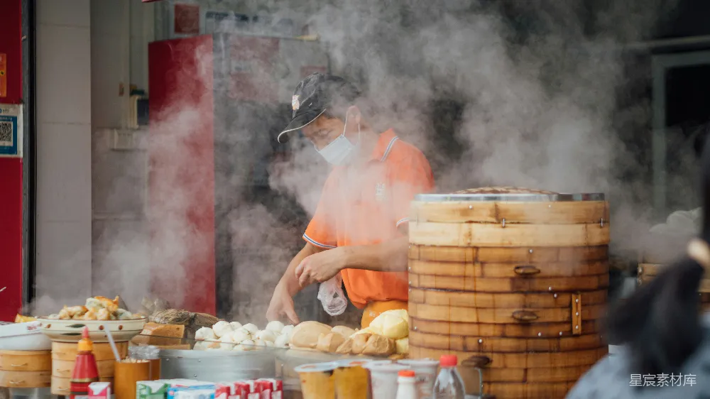高清摄影 早餐 街头小吃 蒸汽 传统 美食 蒸汽腾腾的早餐摊