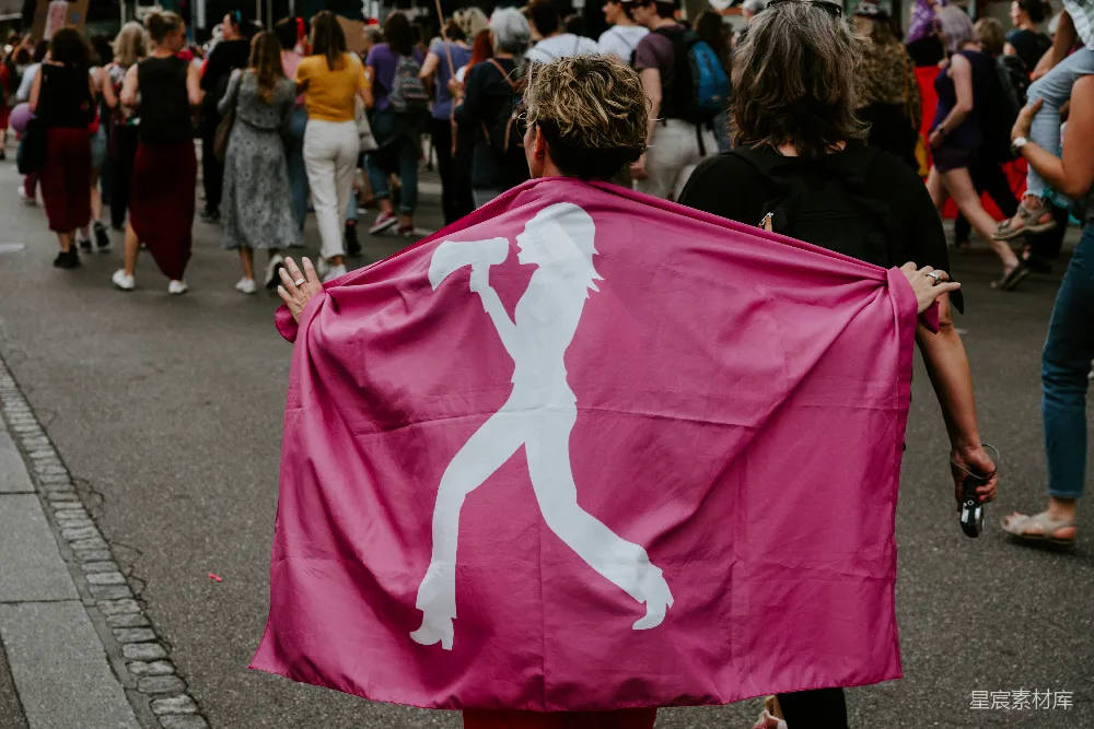 高清摄影 女性运动 抗议活动 女性权利 街头艺术 公共活动 粉色旗帜上的女性剪影