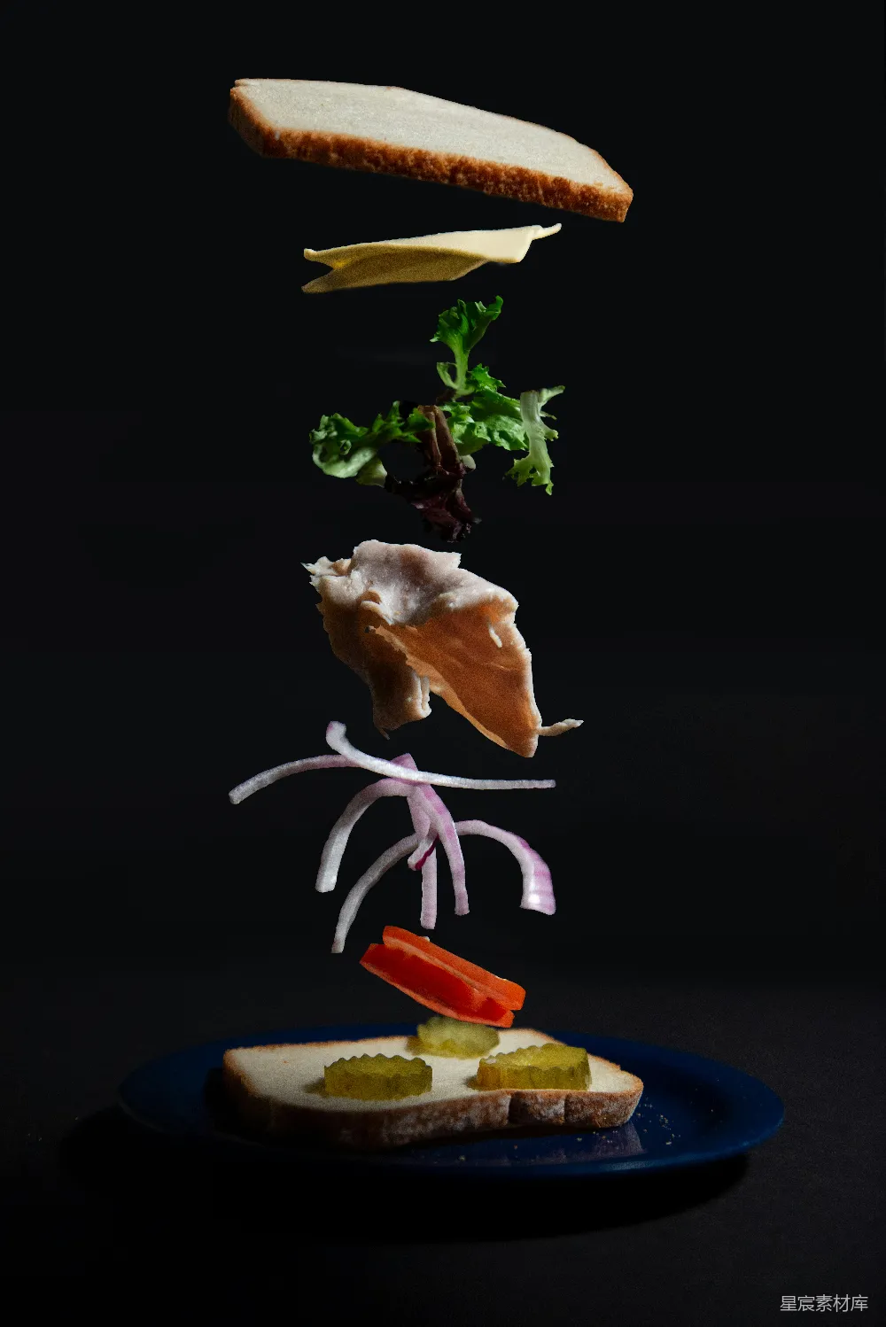 高清摄影 三明治 食物摄影 创意美食 悬浮效果 食物艺术 悬浮的三明治配料