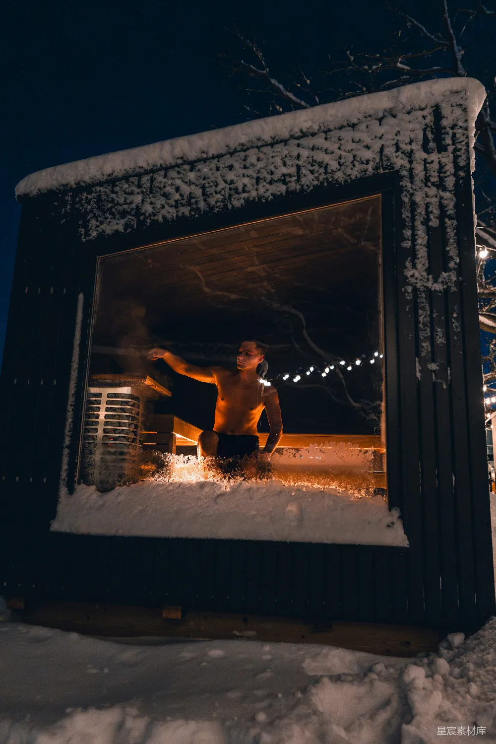 高清摄影 桑拿 冬夜 雪景 放松 自然 冬夜里的雪中桑拿