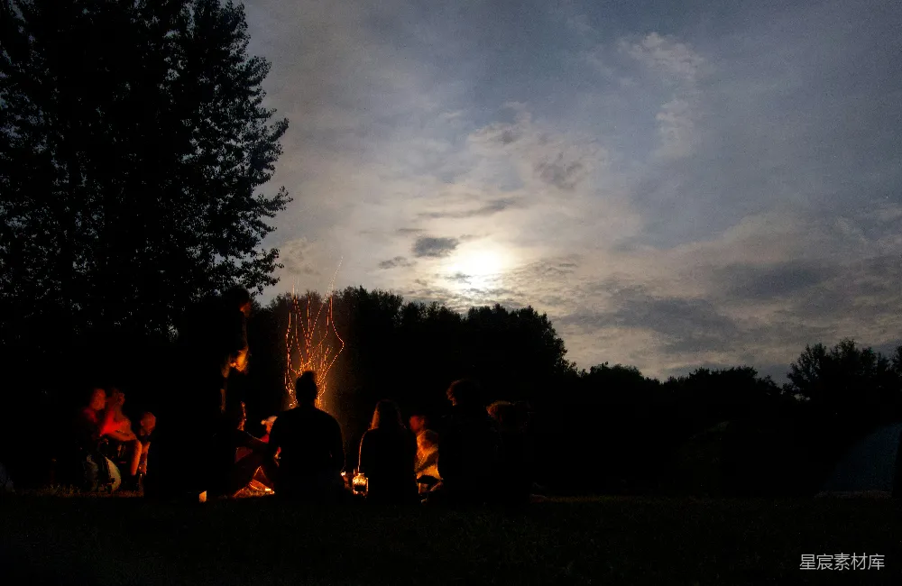 高清摄影 篝火 夜景 团聚 户外 自然 篝火夜景下的团聚时光