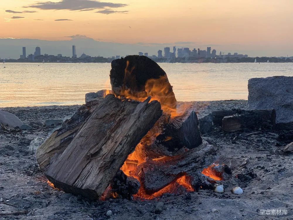 夕阳西下，海滩上的篝火熊熊燃烧，火焰映照在木柴上，背景是远处城市的天际线，营造出一种宁静而浪漫的氛围。适合休闲放松或与朋友共享美好时光。