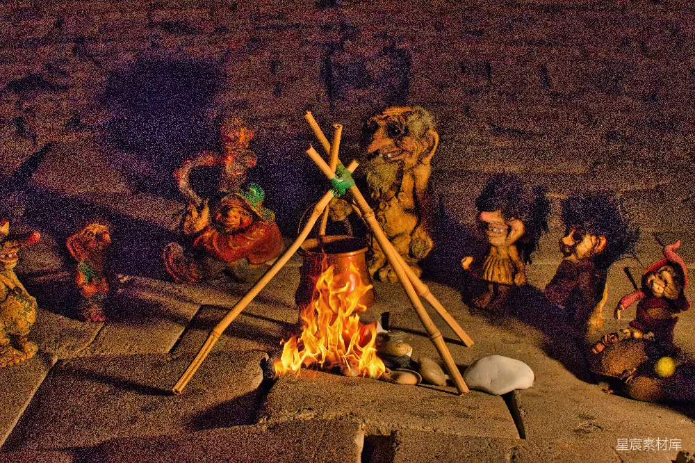 高清摄影 洞穴 野兽 篝火 原始生活 夜间场景 洞穴中的篝火与野兽
