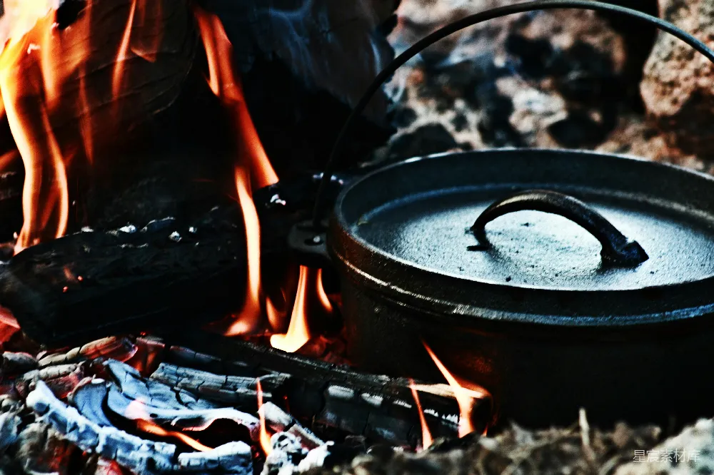 高清摄影 户外烹饪 篝火 铸铁锅 露营 自然 篝火上的铸铁锅