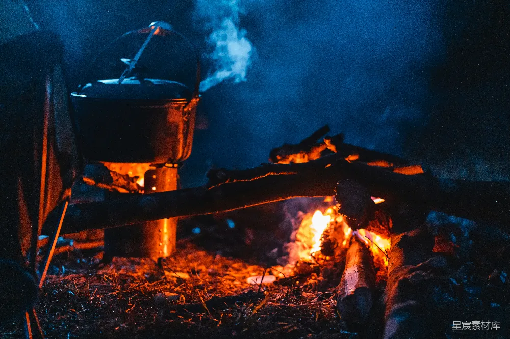 高清摄影 野营 篝火 烹饪 户外 夜间 篝火旁的烹饪