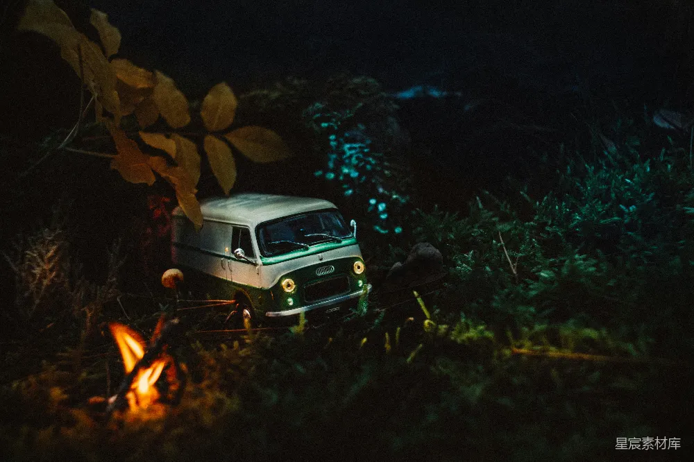 高清摄影 夜晚 自然 旅行 篝火 复古 夜晚森林中的旅行车与篝火