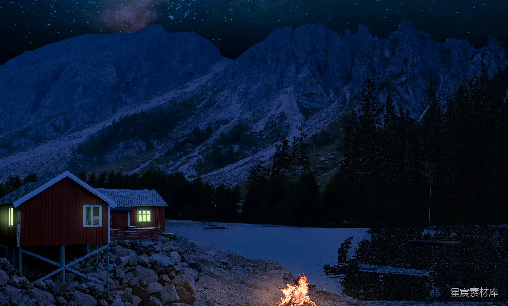 高清摄影 夜景 山景 小屋 篝火 宁静 夜幕下的山间小屋与篝火