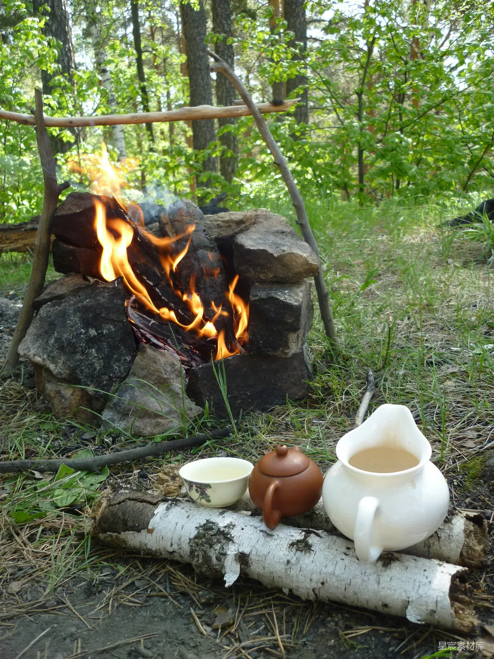 高清摄影 森林 篝火 茶具 自然 户外 森林里的篝火与茶