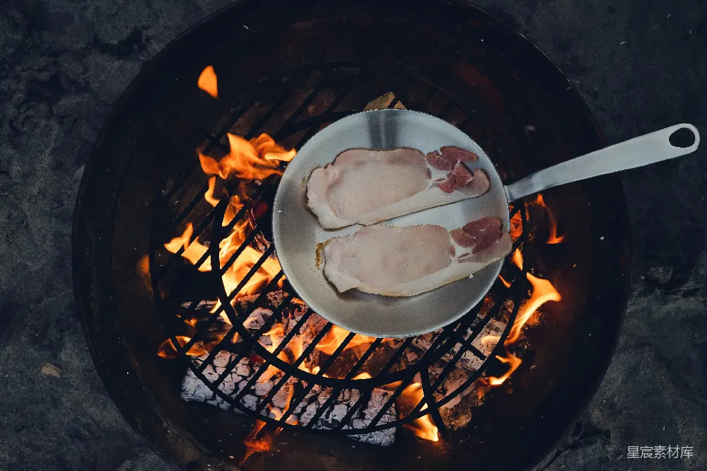 高清摄影 户外 美食 烤肉 火光 煎锅 户外烤肉的瞬间