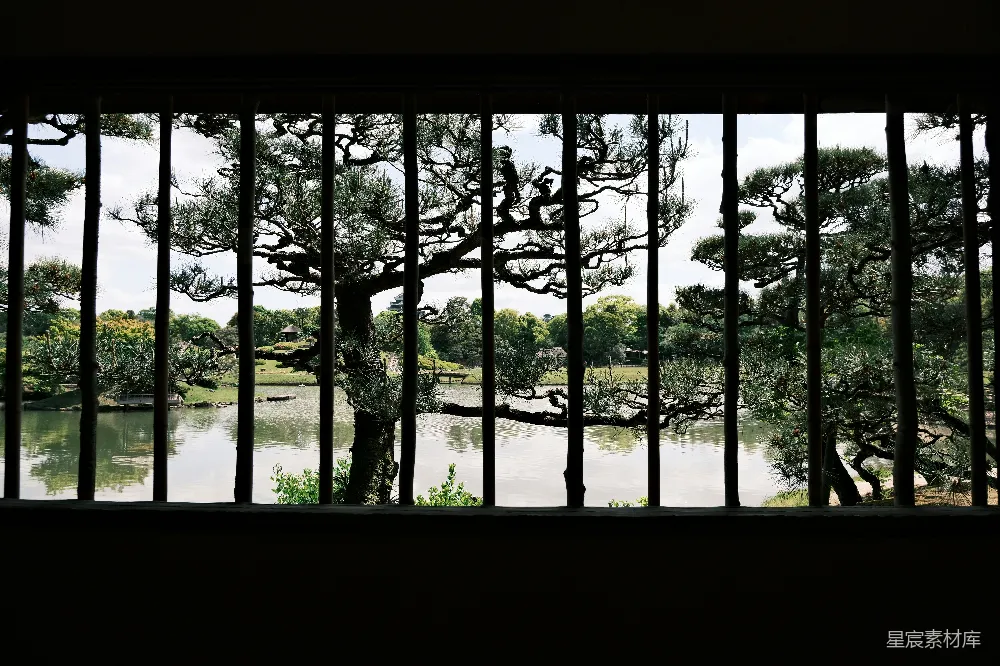 高清摄影 自然景观 窗户 园林 宁静 松树 透过窗棂的松树与湖景