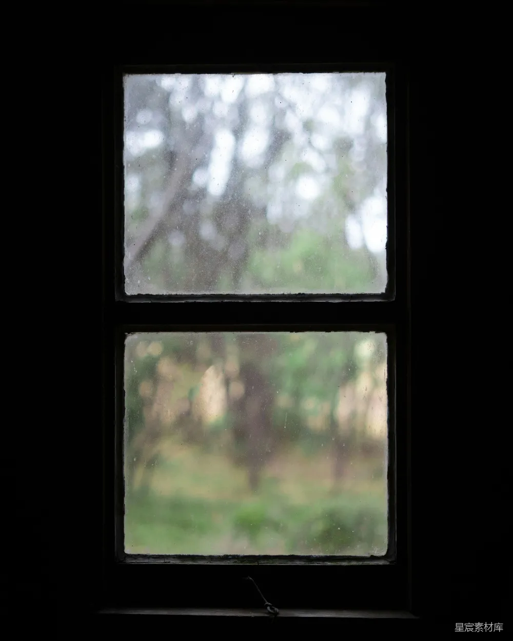 这张图片展示了一扇破旧的窗户，透过窗户可以看到外面的森林景色。窗户的玻璃上有明显的污渍和灰尘，营造出一种怀旧和宁静的氛围。背景中的树木和植物模糊不清，给人一种深邃和自然的感觉。这种场景适用于表达怀旧、宁静或自然主题的图片。