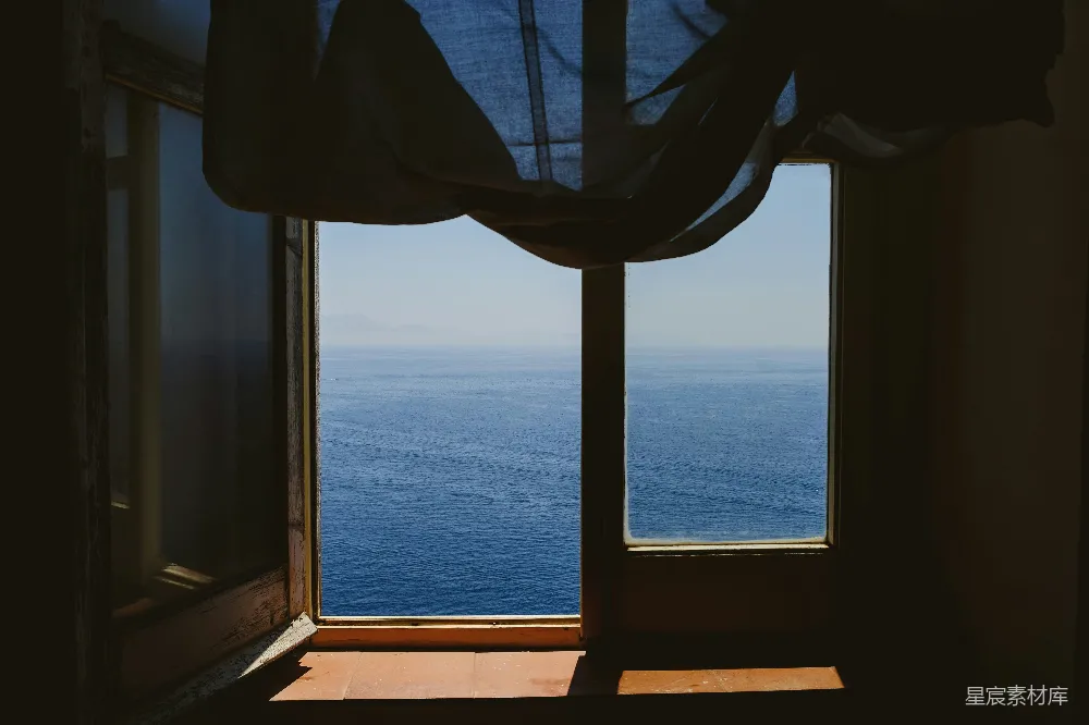 高清摄影 窗景 海景 窗帘 宁静 自然 窗外的海景与窗帘