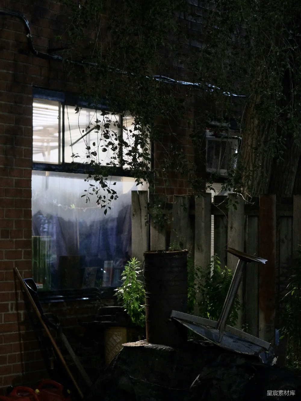 高清摄影 废弃仓库 夜晚 窗户 废弃物品 植物 废弃仓库角落的夜晚