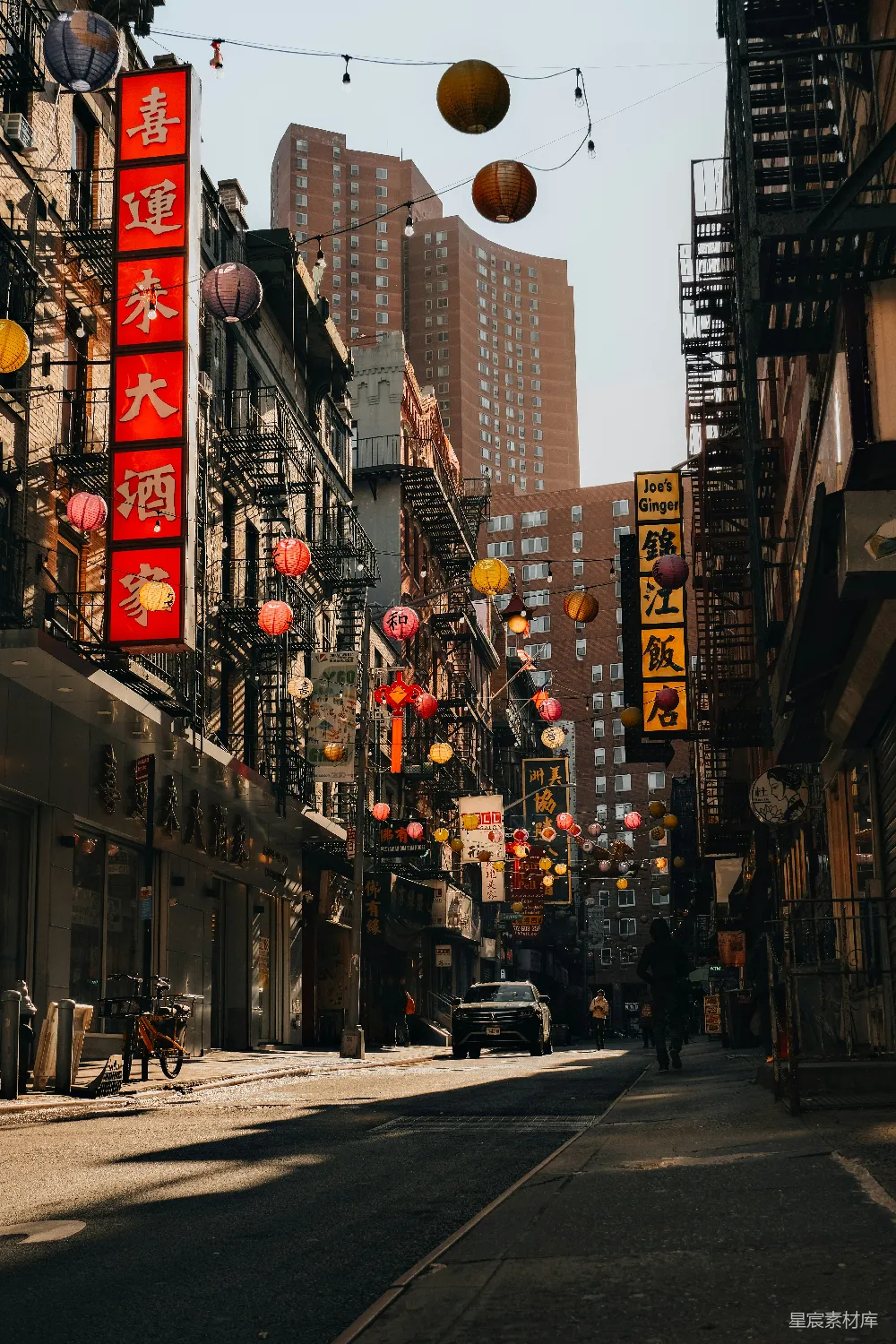 高清摄影 纽约 唐人街 清晨 灯笼 城市 纽约唐人街的清晨