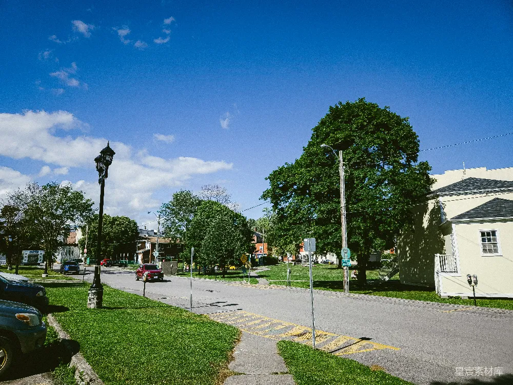 高清摄影 城市街景 晴天 树木 街道 住宅 阳光明媚的小镇街景