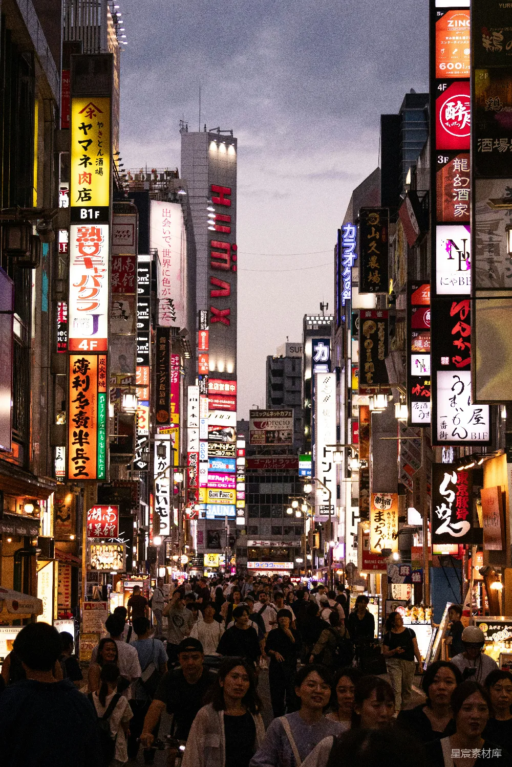 这张图片展示了日本繁华的城市夜景。街道两旁排列着各种霓虹灯招牌，色彩斑斓，充满了现代都市的活力与喧嚣。人群在街道上穿梭，显得非常热闹。照片中充满了动感和生活气息，适合用于展示城市活力和夜生活的主题。