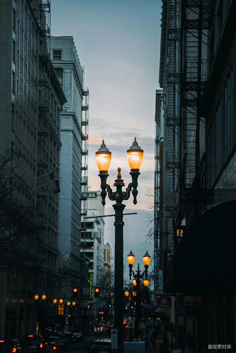 高清摄影 城市 街景 夕阳 复古 建筑 城市街灯与夕阳