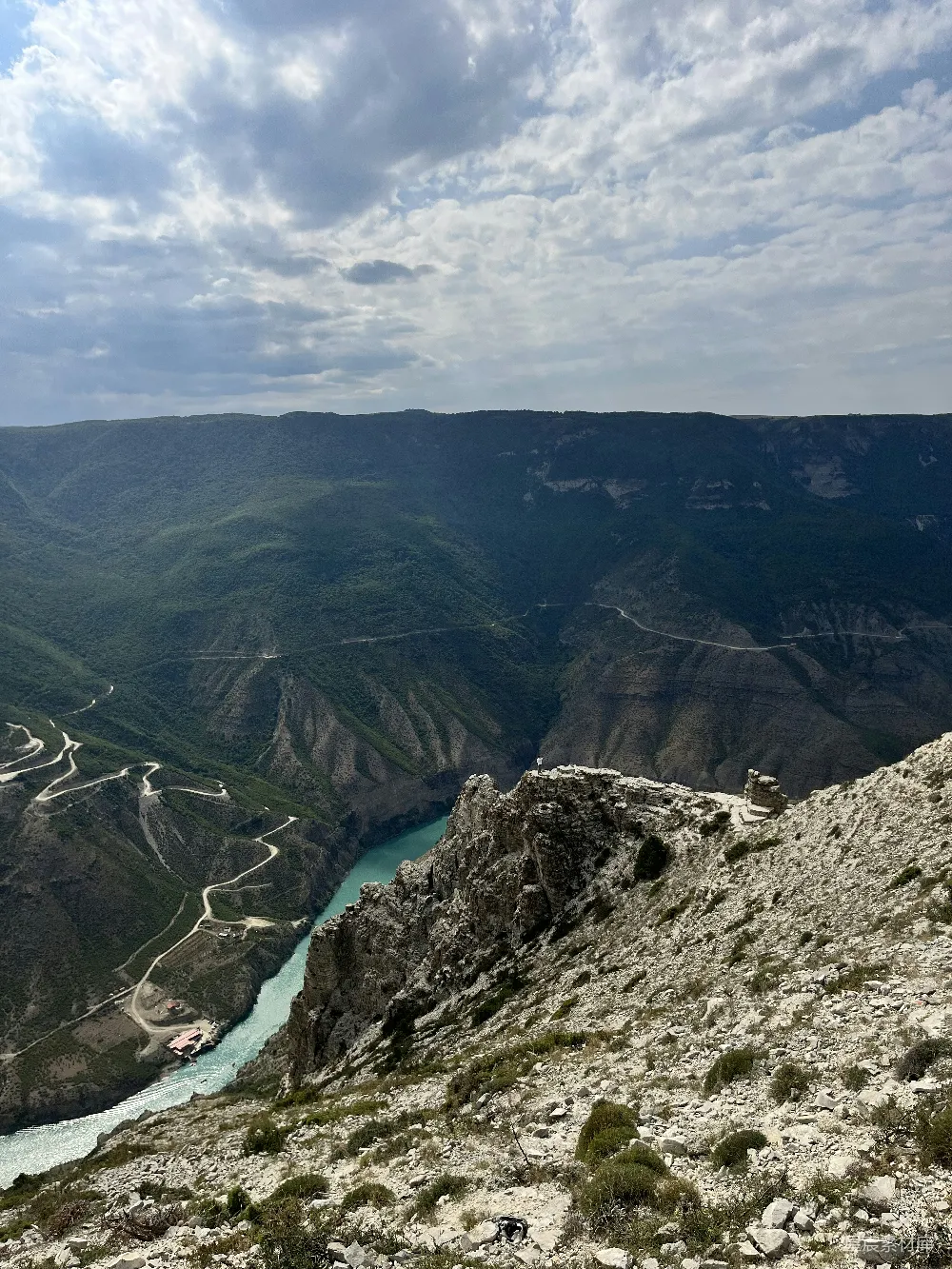 这张图片展示了从高处俯瞰的壮丽峡谷场景。蜿蜒的河流穿过峡谷，周围是郁郁葱葱的山脉和岩石峭壁。地面上覆盖着碎石和少量植被，天空中散布着云朵。适合户外探险和摄影爱好者。