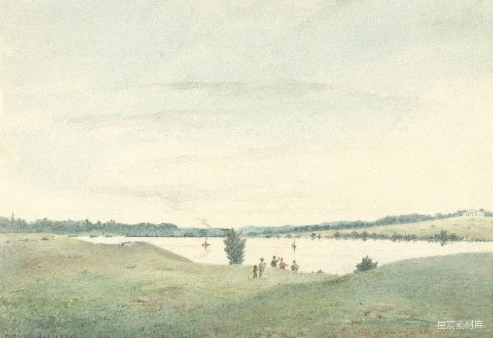 高清摄影 风景画 水彩画 湖畔 自然 人文 湖畔风景与水彩画