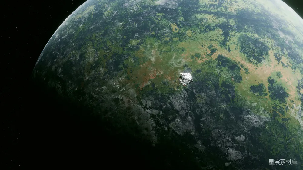 这张图片展示了一艘太空飞船漂浮在地球大气层上方的场景。飞船位于图像的右下角，显得十分渺小。地球的大气层呈现出丰富的色彩，从深色的阴影到浅绿色的陆地，再到橙色的沙漠区域。整体画面充满了科幻感，适合作为科幻电影或游戏的背景素材。
