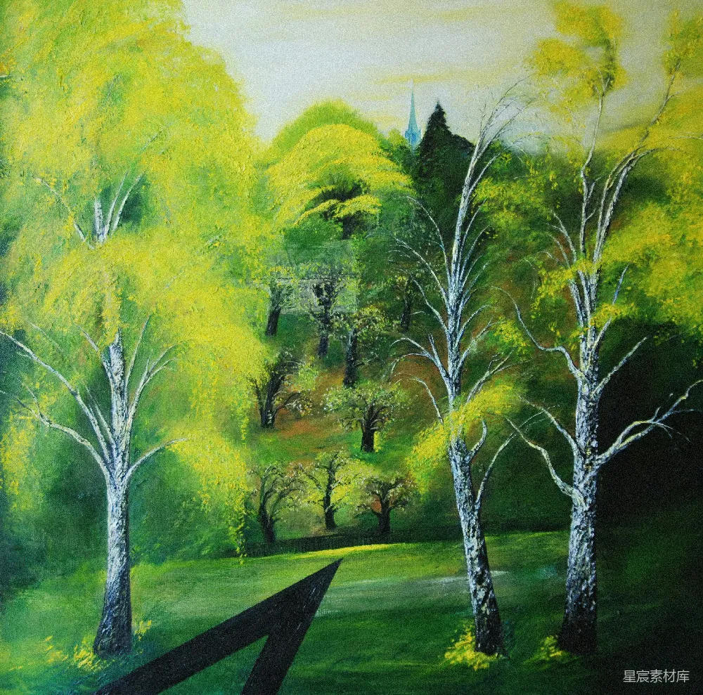 这幅画描绘了一幅春日林间的宁静景象，树木绿意盎然，阳光透过树叶洒在地面上，营造出一种温暖而祥和的氛围。画面下方的黑色箭头增添了方向感，引导观者进入画中的自然世界。适合用作装饰画，给房间增添一份生机与活力。