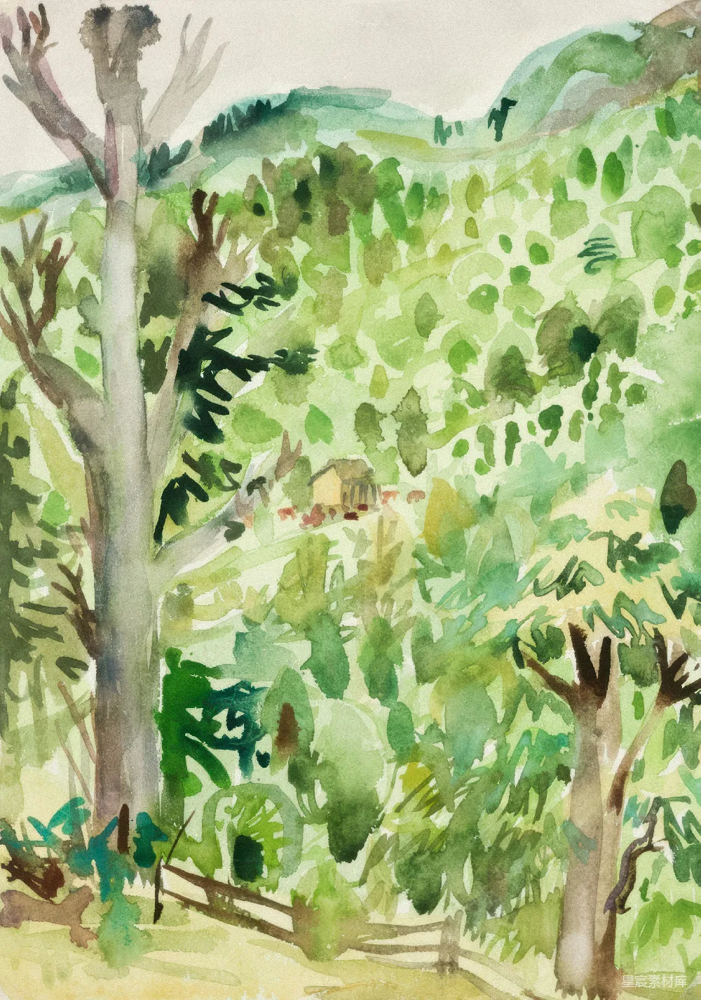高清摄影 水彩画 森林 小屋 自然 风景 水彩森林小屋