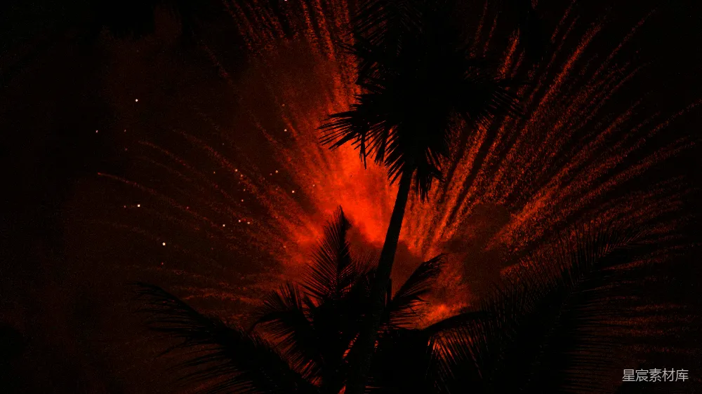 高清摄影 火山 自然景观 夜间 火山喷发 热带 火山爆发下的棕榈树