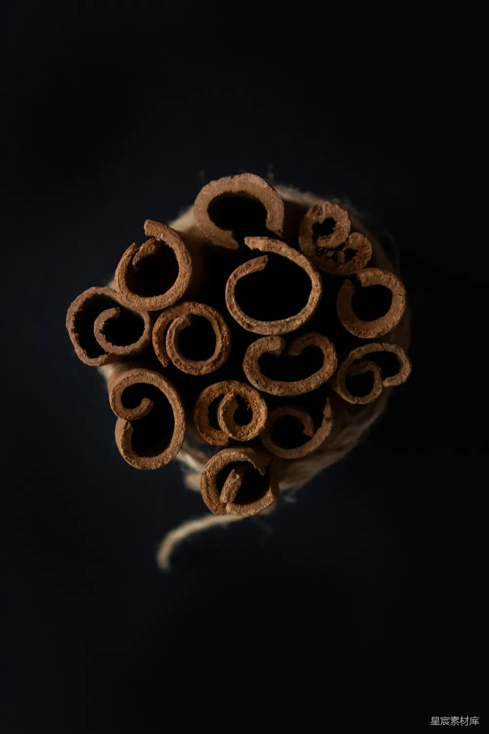图片展示了一束排列整齐的桂皮环，背景为深色，突显出桂皮的自然质感和深邃的颜色。这种排列方式适合用于美食摄影、厨房场景或食材展示，给人一种质朴而自然的感觉。