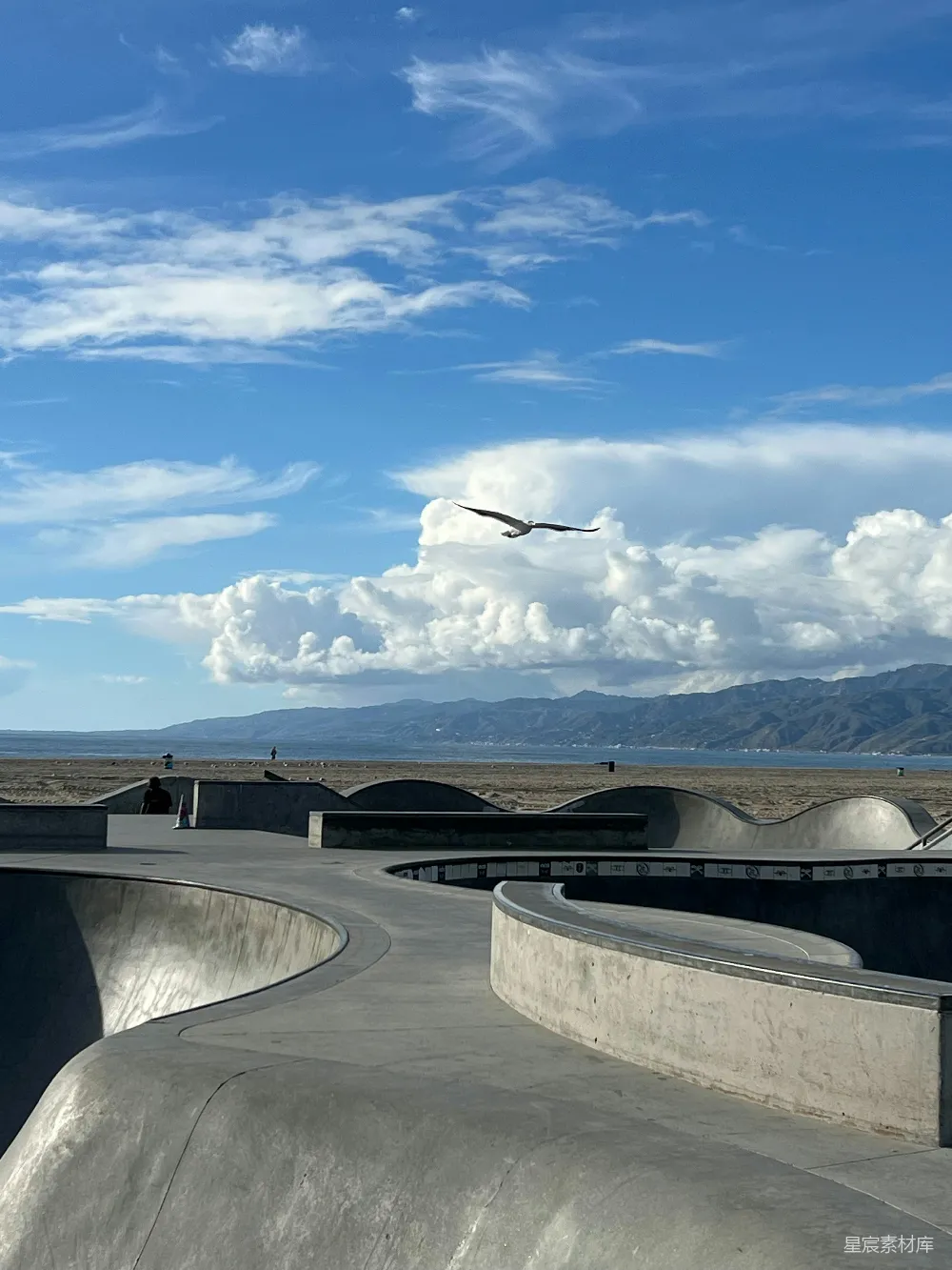 高清摄影 海滩 滑板场 海鸥 自然风光 休闲 海滩上的滑板场与飞翔的海鸥