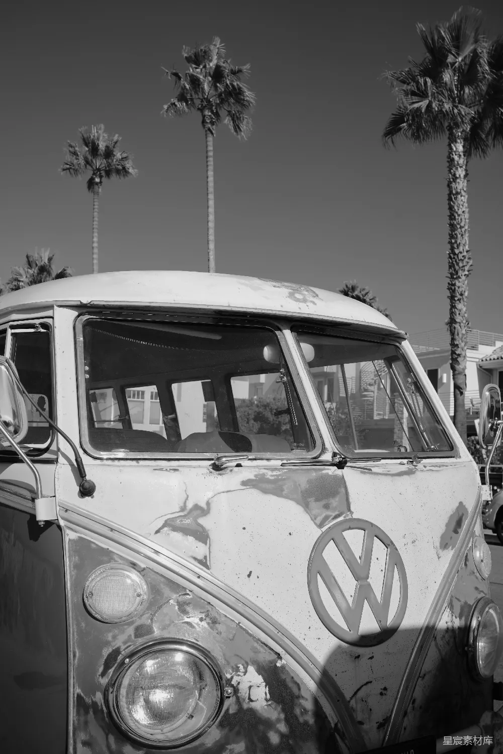 高清摄影 复古汽车 黑白摄影 VW 旅行车 棕榈树 黑白复古VW面包车