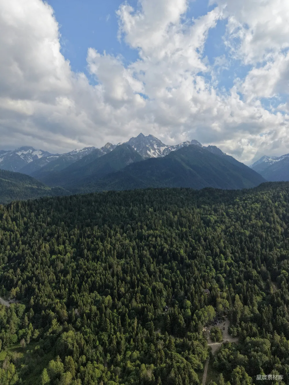 高清摄影 自然风光 航拍 山脉 森林 户外 森林与雪山的壮丽景色