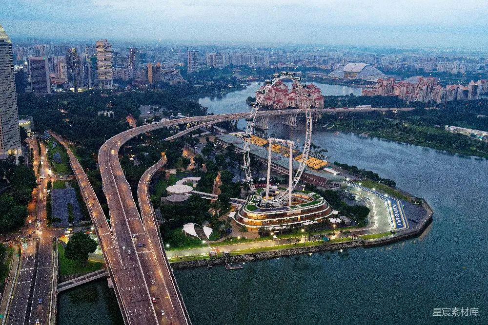 这张图片展示了新加坡标志性的摩天轮——新加坡摩天观景轮，它位于滨海湾，周围是现代化的高楼大厦和繁忙的交通道路。夜晚的灯光使得摩天轮成为这个城市的地标性建筑，同时也展现了新加坡的城市规划与自然景观的完美融合。适合旅游、城市规划和夜间风光相关的