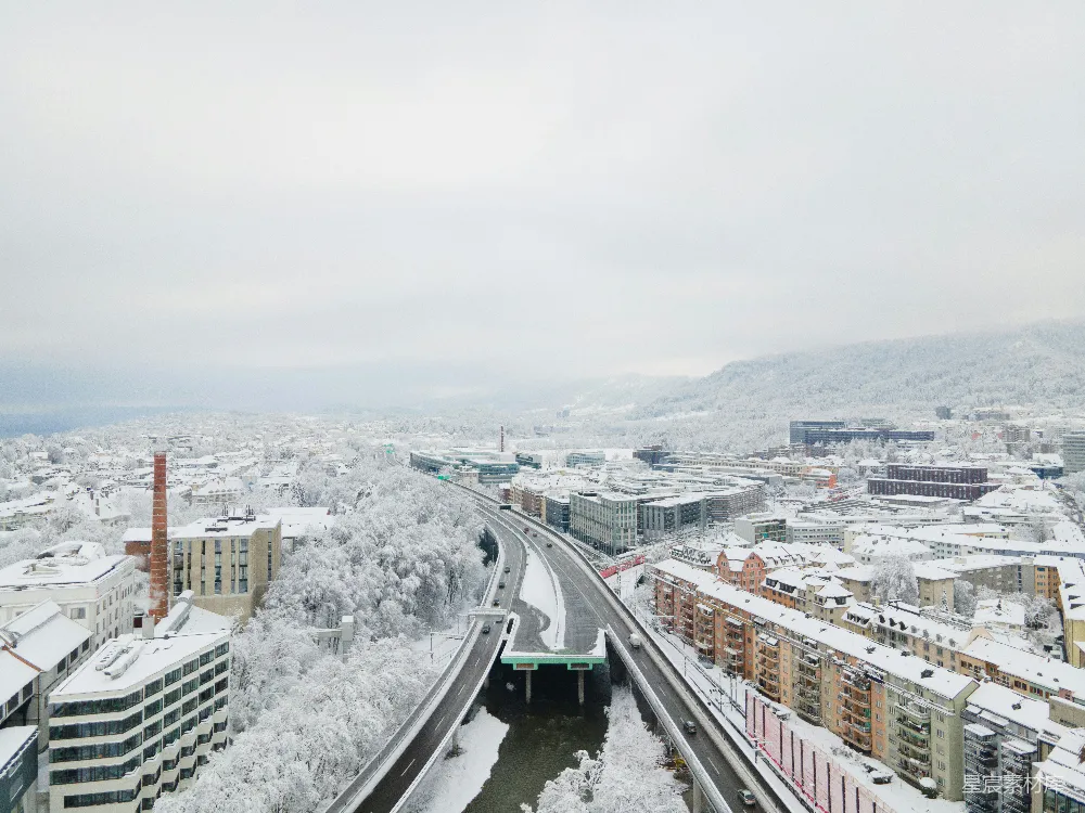 高清摄影 城市 雪景 公路 冬季 建筑 雪后城市公路全景