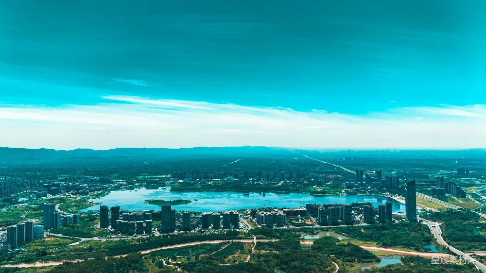 高清摄影 城市 航拍 湖泊 现代建筑 自然景观 蓝调城市全景