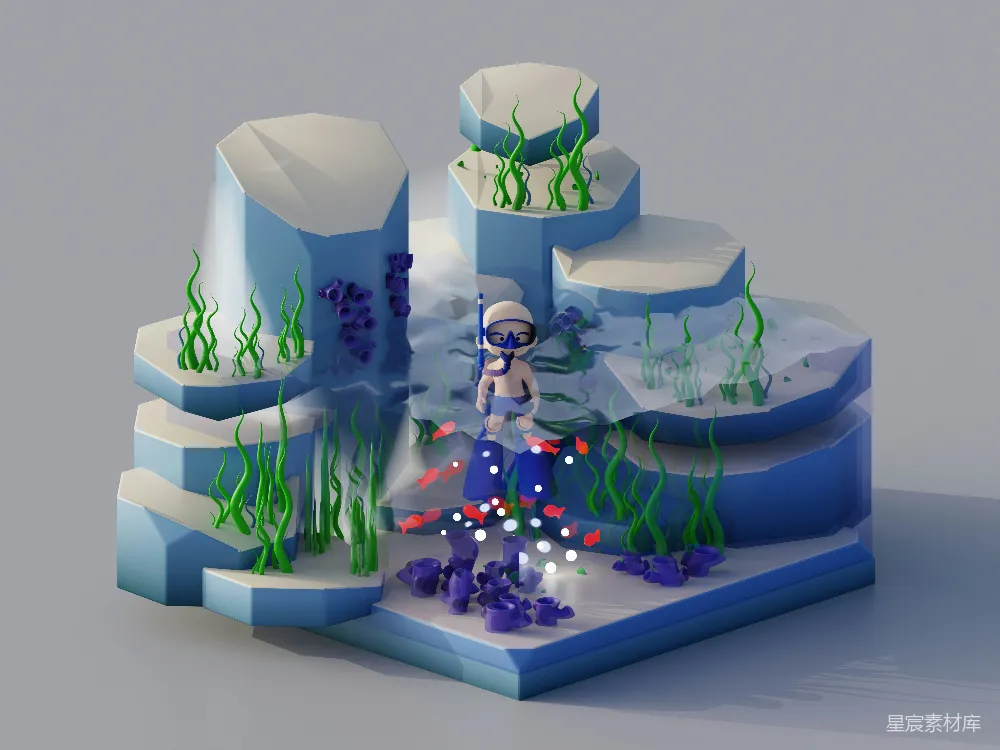 高清摄影 水下 低多边形 3D 探险 插图 水下探险：低多边形风格的3D插图