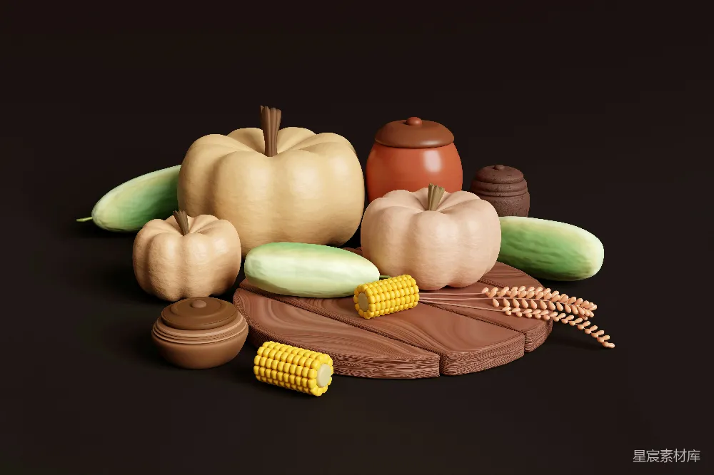 高清摄影 丰收 南瓜 玉米 3D插画 乡村 丰收的季节：南瓜与玉米的3D插画