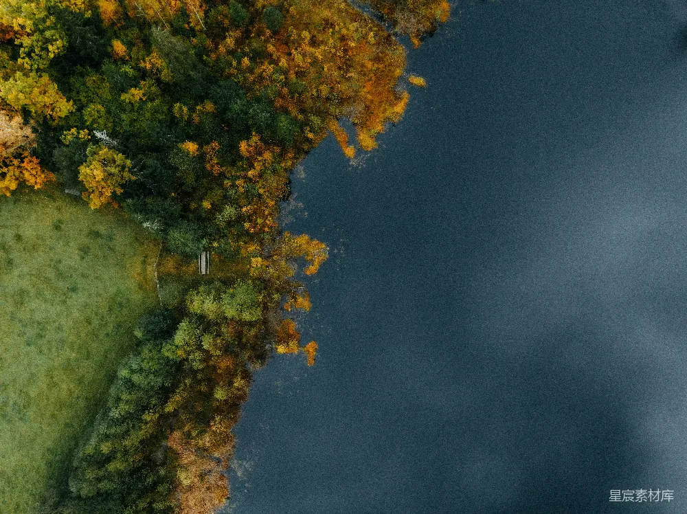 高清摄影 秋天 航拍 自然 宁静 秋季 秋日湖畔俯瞰图