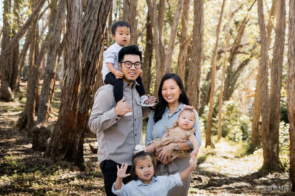 高清摄影 家庭 自然 亲子 户外 阳光 温馨的森林家庭时光