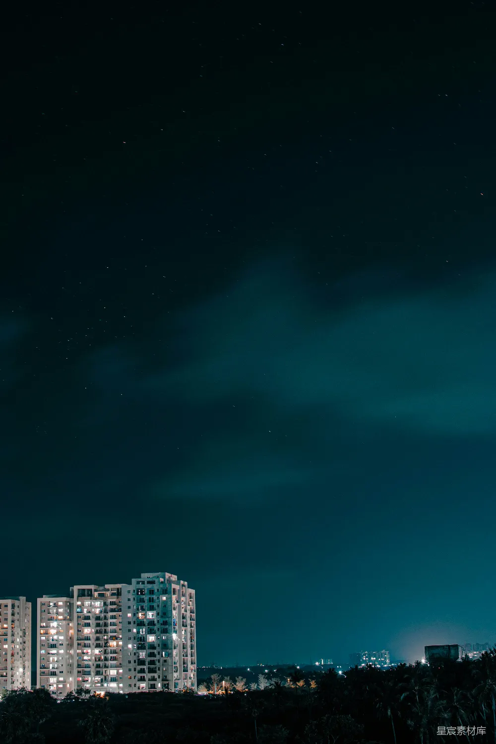 这张图片展示了一个城市的夜景，高楼大厦在夜色中显得格外引人注目，远处的星星点缀在深邃的夜空中，营造出一种宁静而神秘的氛围。背景中稀疏的树木和远处模糊的灯光增添了画面的层次感。