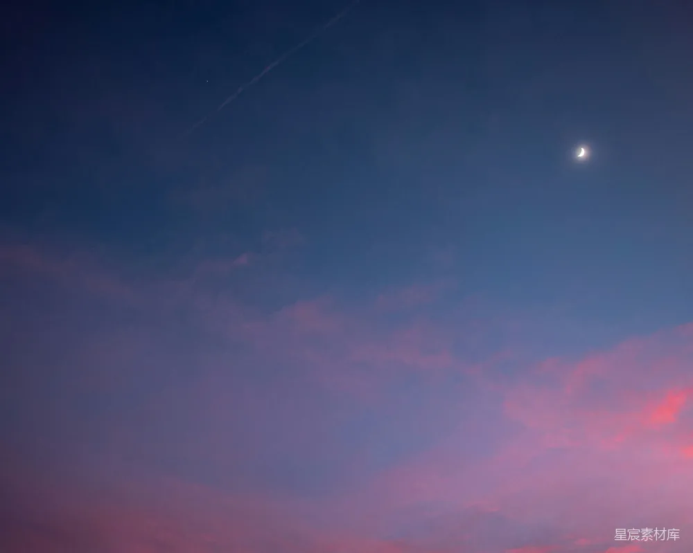 高清摄影 夜景 天空 月亮 飞机 自然 暮色中的新月与飞机尾迹