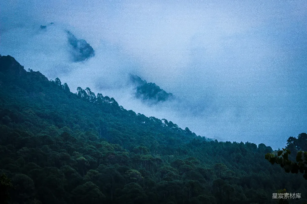 这张图片展示了一片覆盖着浓密树木的山脉，云雾缭绕在山间，营造出一种宁静而神秘的氛围。天空呈现出淡蓝色，云朵轻盈地漂浮在空中，给人一种清新脱俗的感觉。适合用作自然风光、户外探险等主题的背景图片。