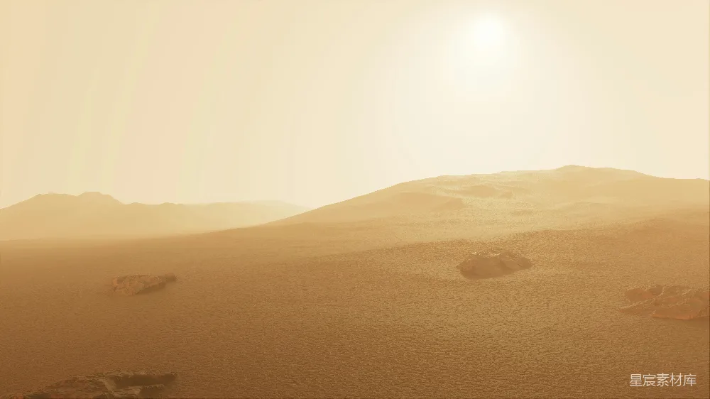 这张图片展示了一个仿佛来自火星的场景，广阔的沙丘和稀疏的岩石在夕阳的照耀下呈现出金黄色调。远处的太阳散发出柔和的光芒，给整个场景增添了一种神秘而宁静的氛围。这种风格非常适合科幻电影、探险游戏或任何涉及遥远星球的视觉作品。