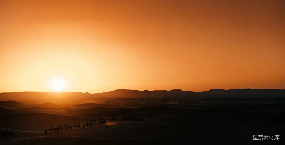 夕阳的余晖洒在辽阔的沙漠上，一队驼队在地平线上缓缓前行，形成美丽的剪影。画面中，橙黄色的天空与深色的沙漠形成鲜明对比，营造出一种宁静而神秘的氛围。适合用作旅行、自然风光或旅行广告的背景素材。
