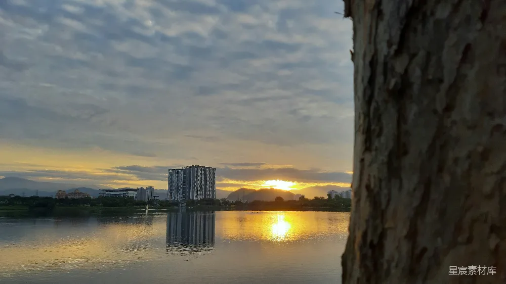 高清摄影 日落 湖畔 城市风光 自然美景 宁静 湖畔日落：城市与自然的和谐