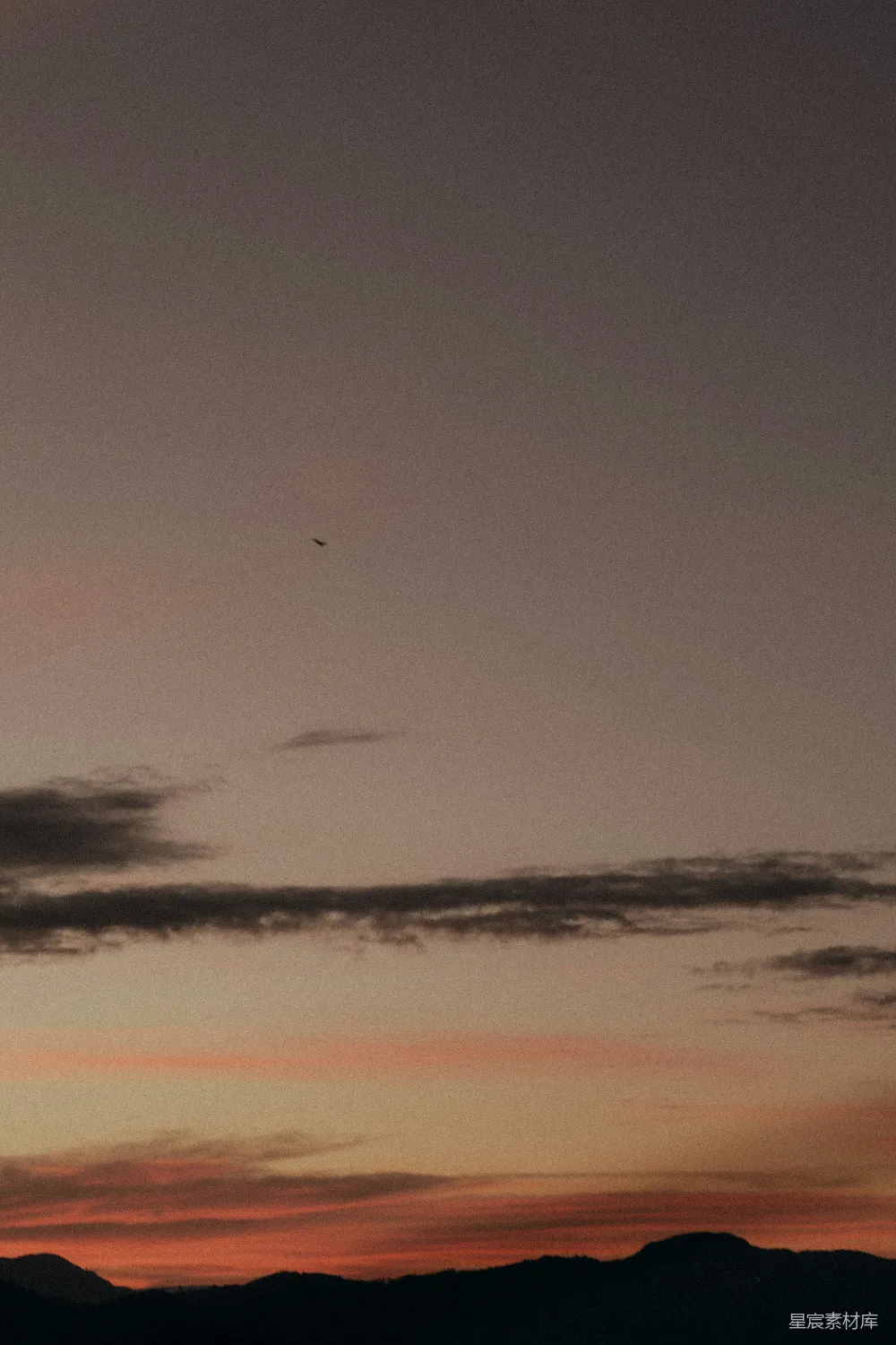 这张图片展示了黄昏时分的天空，夕阳的余晖洒在地平线上，天空中有一只鸟孤独地飞翔。云层稀疏，呈现出橙色和紫色的渐变，给人一种宁静而美好的感觉。适合用作自然风光、旅行摄影或表达宁静心情的素材。