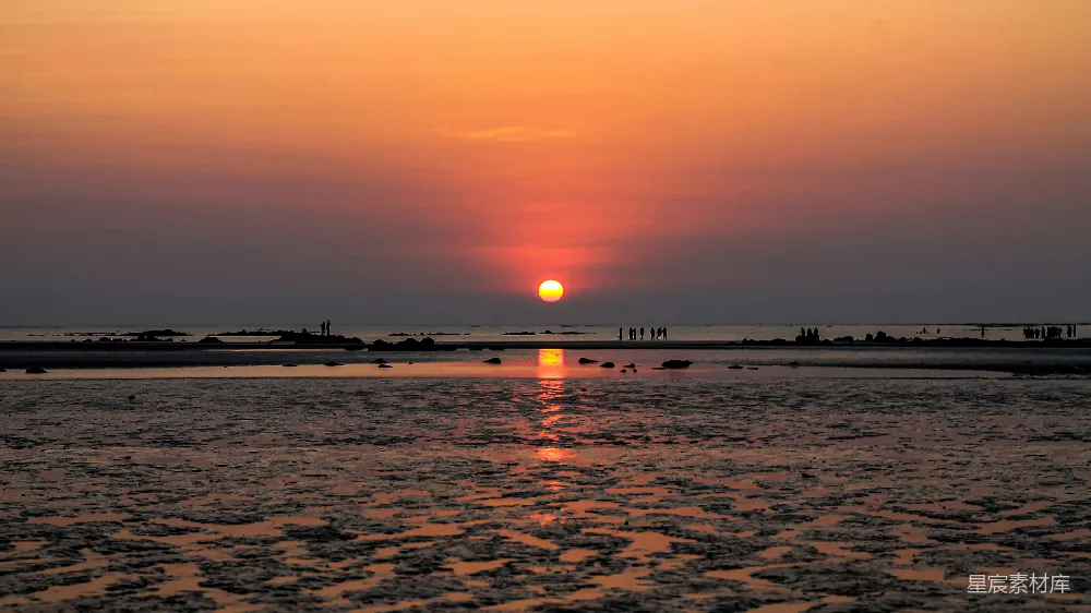 高清摄影 夕阳 海滩 平静 自然 风景 夕阳下的宁静海滩