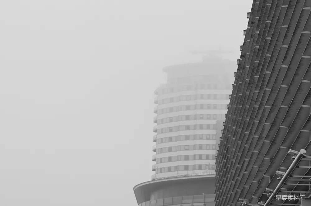 这张图片展示了一座高楼在雾中若隐若现的景象，背景的建筑被浓厚的雾气笼罩，前景的建筑则清晰可见，形成对比。整体色调为黑白，营造出一种朦胧而神秘的氛围。适合用于表现城市景观、建筑设计或雾天场景的视觉素材。