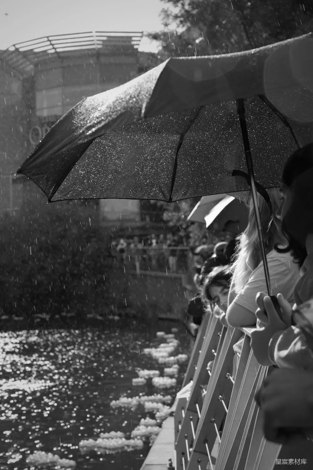 这张黑白照片捕捉了一个雨中观赏花灯的场景。人们在雨中撑着伞，专注地观看远处漂浮在水面上的花灯。水面上的光影与伞上的水珠相互辉映，营造出一种宁静而神秘的氛围。这张照片不仅展现了传统文化的韵味，也体现了人们在雨中依然保持着对美好事物的欣赏与尊重